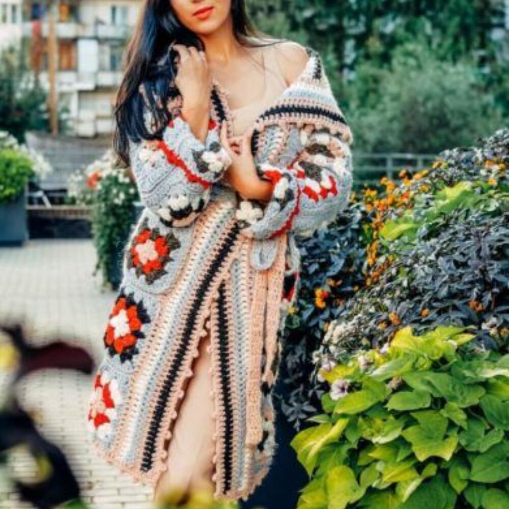 Granny Square Hand-crocheted Wool Cardigan Kimono Coat